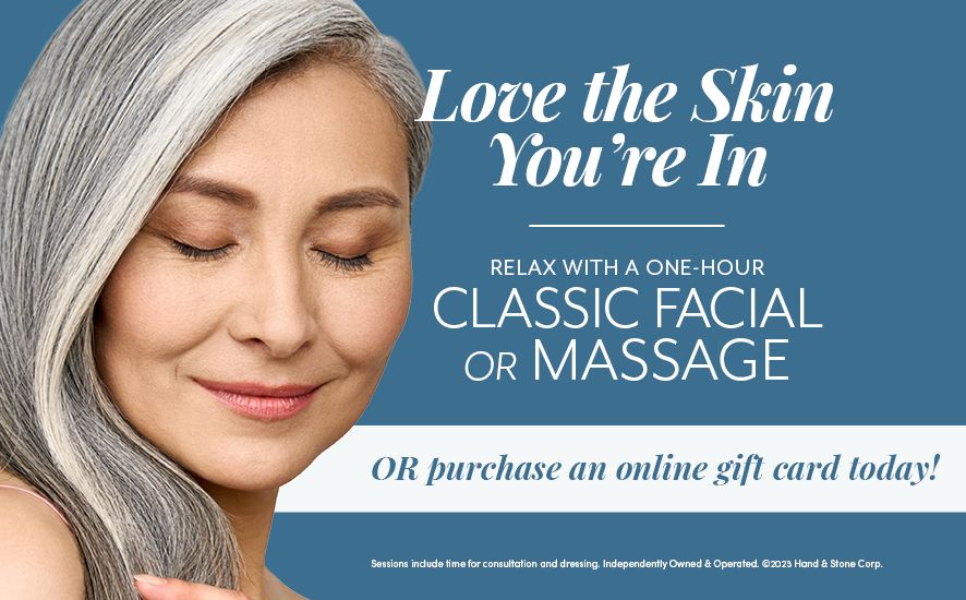 A woman grinning with the text "Love the Skin You're In - Purchase an Online Gift Card Today!"